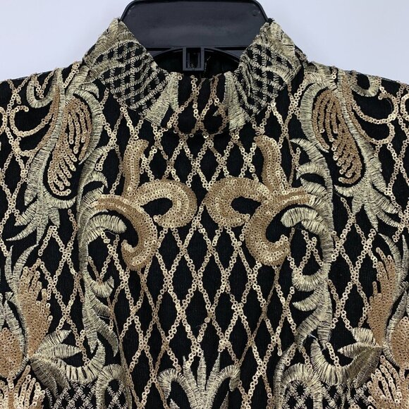 Akira Dress Black Gold Embroidered Sequin Long Sleeve Mock Neck - Picture 4 of 13